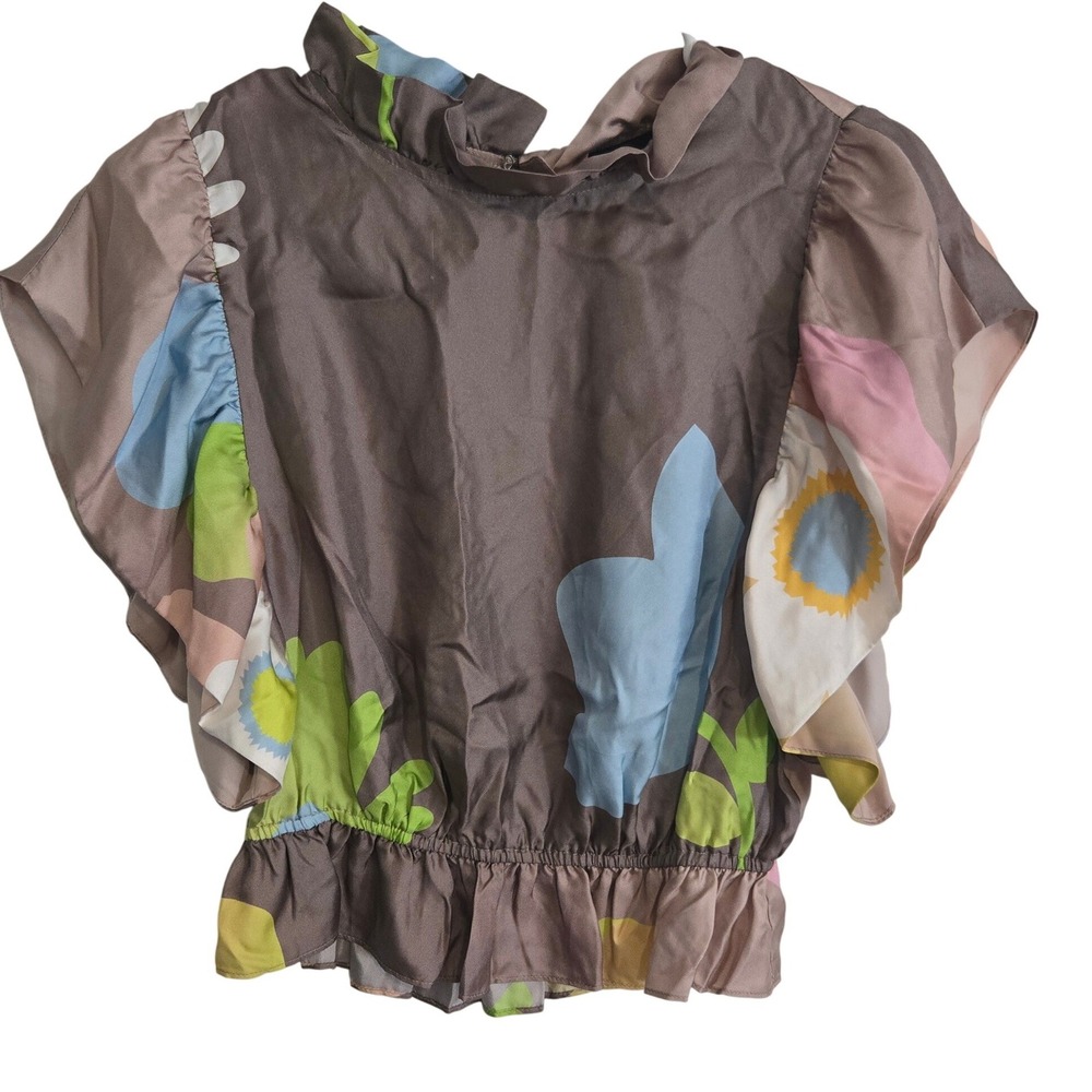 Cynthia Rowley Floral Blouse Small Ruffle Mock Neck Flutter Sleeve 100% Silk NWT
